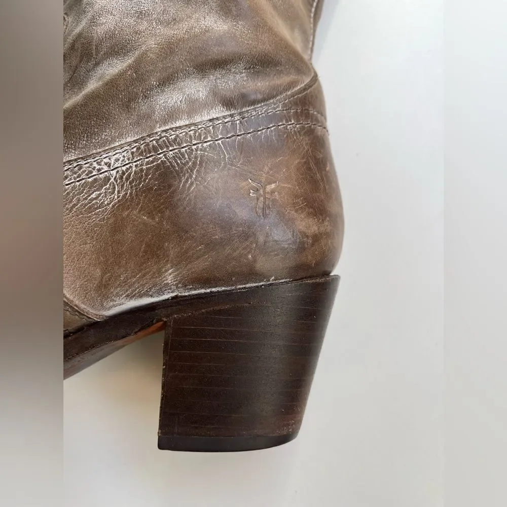 FRYE Jane Western Riding Knee High cuff heeled Boot in Gray Burnished Antique